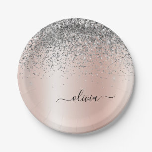 Rose Gold - Schwarz Rosa Silber Glitzer Monogramm Pappteller