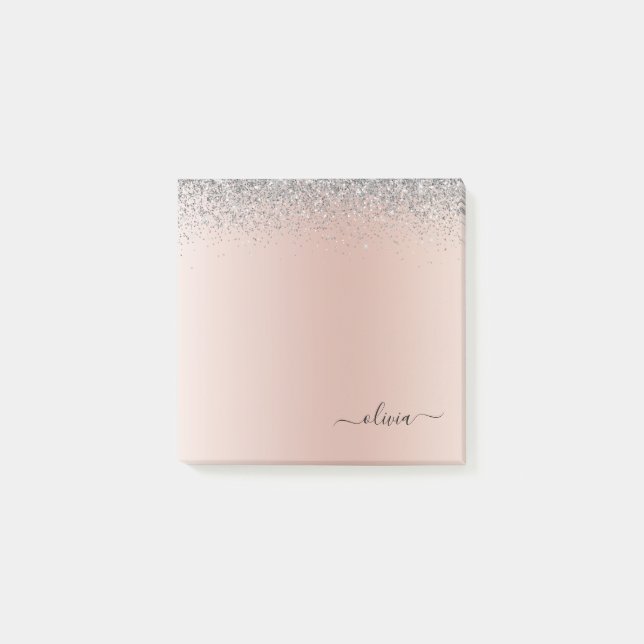 Rose Gold - Schwarz Rosa Silber Glitzer Monogramm Post-it Klebezettel (Vorderseite)