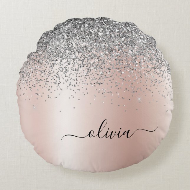 Rose Gold - Schwarz Rosa Silber Glitzer Monogramm Rundes Kissen (Vorderseite)