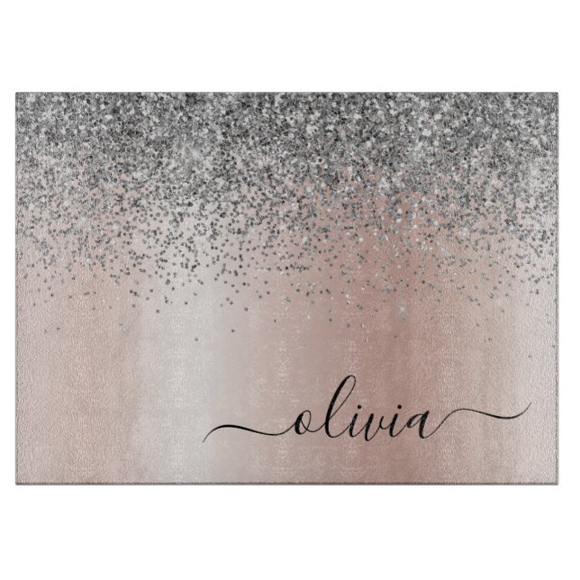 Rose Gold - Schwarz Rosa Silber Glitzer Monogramm Schneidebrett (Vorderseite)