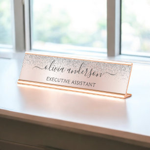 Rose Gold - Schwarz Rosa Silber Glitzer Monogramm Schreibtischnamensplakette