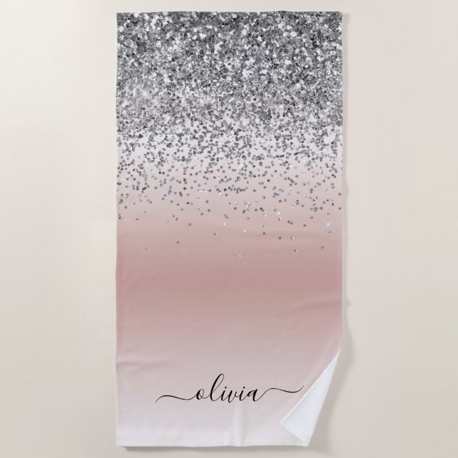 Rose Gold - Schwarz Rosa Silber Glitzer Monogramm Strandtuch (Vorderseite)