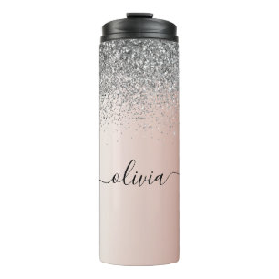Rose Gold - Schwarz Rosa Silber Glitzer Monogramm Thermosbecher