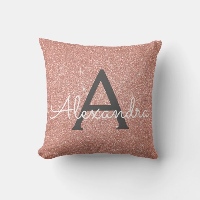 Rose Gold - Schwarz-Rosa-Sparkeil-Glitzer-Monogram Kissen (Vorderseite)