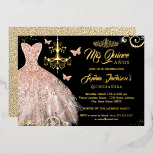Rose Gold Schwarz Schmetterling Tiara Kleid Quince Folieneinladung