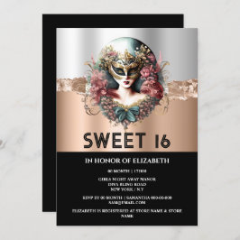 Rose Gold Schwarz Sweet 16 Girls Maskerade Maske Einladung