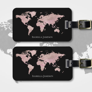 Rose Gold Schwarz Wasserfarbe Weltkarte Benutzerde Gepäckanhänger