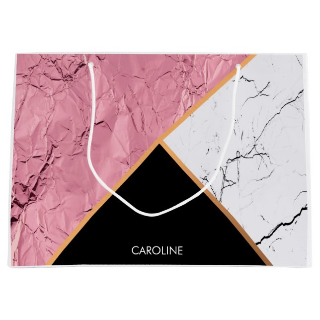 Rose Gold Schwarz-Weiß-Marmor-Muster Große Geschenktüte (Vorderseite)