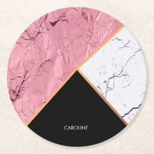 Rose Gold Schwarz-Weiß-Marmor-Muster Runder Pappuntersetzer