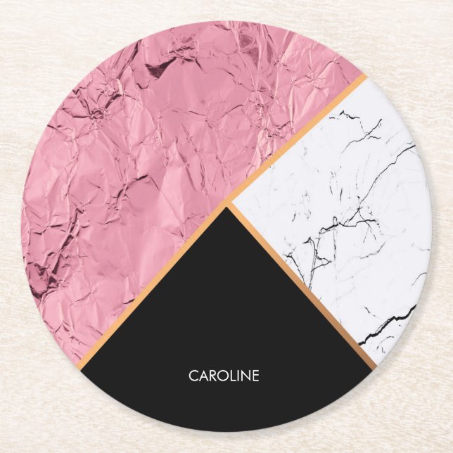 Rose Gold Schwarz-Weiß-Marmor-Muster Runder Pappuntersetzer (Vorderseite)