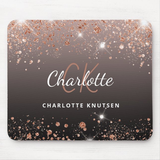 Rose Gold Schwarzer Glitzer Monogramm Name Mousepad (Vorne)