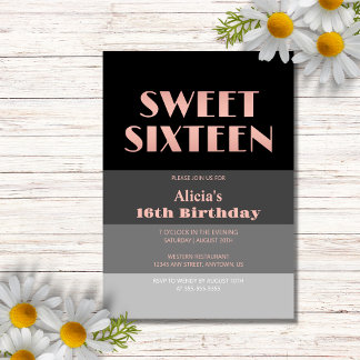 Rose Gold Script Black Gray Streifen 16. Geburtsta Einladung