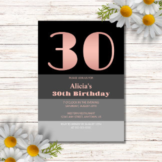 Rose Gold Script Black Gray Streifen 30. Geburtsta Einladung