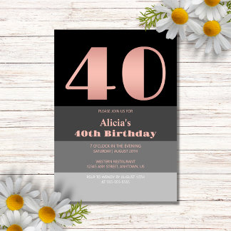 Rose Gold Script Black Gray Streifen 40. Geburtsta Einladung