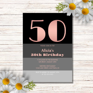Rose Gold Script Black Gray Streifen 50. Geburtsta Einladung