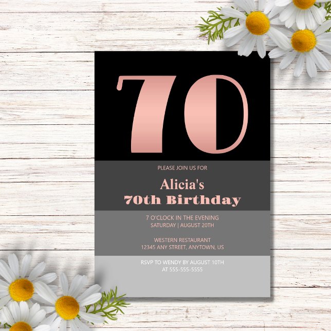 Rose Gold Script Black Gray Streifen 70. Geburtsta Einladung (Von Creator hochgeladen)