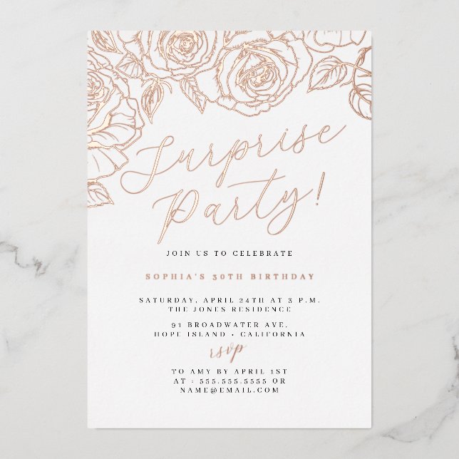 Rose Gold Script Floral Überraschung Party Folieneinladung (Vorderseite)