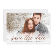 Rose Gold Script Foto Save the Date in Imitate Foi