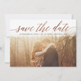 Rose Gold Script Foto Save the Date in Imitate Foi