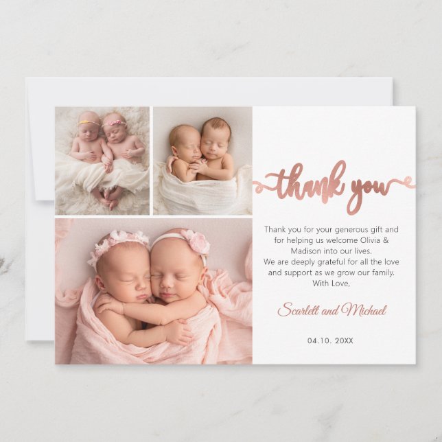 Rose Gold Script Girl Twins Babies 3 Photo Collage Dankeskarte (Vorderseite)