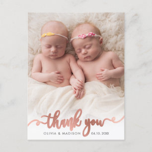 Rose Gold Script Girl Twins Baby Foto Vielen Dank Postkarte