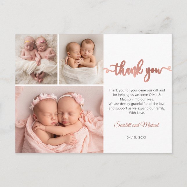 Rose Gold Script Girl Twins Baby Foto Vielen Dank Postkarte (Vorderseite)