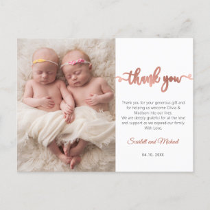 Rose Gold Script Girl Twins Baby Foto Vielen Dank Postkarte