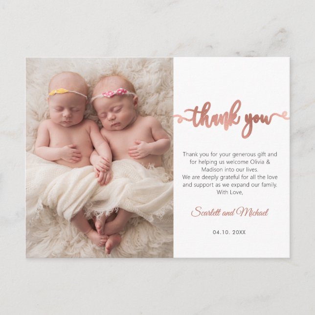Rose Gold Script Girl Twins Baby Foto Vielen Dank Postkarte (Vorderseite)