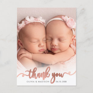 Rose Gold Script Girl Twins Baby Foto Vielen Dank Postkarte