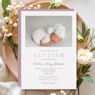 Rose Gold Script Lila Foto Girl Taufe Folieneinladung