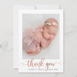 Rose Gold Script Minimalistisch Baby Foto Vielen D Dankeskarte