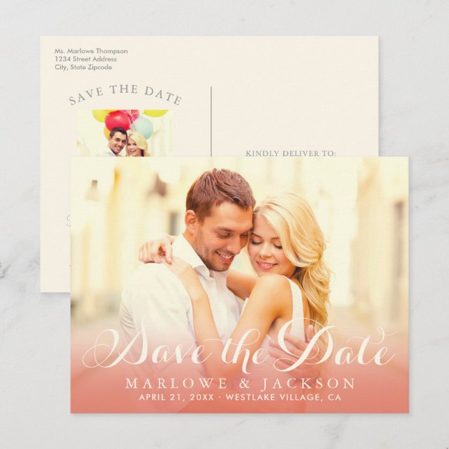 Rose Gold Script Overlay Foto Save the Date Elfenb Ankündigungspostkarte (Vorne/Hinten)