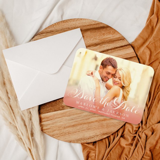 Rose Gold Script Overlay Foto Save the Date Elfenb Magnet (Von Creator hochgeladen)