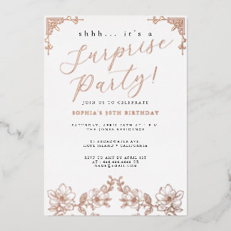 Rose Gold Script Rose Überraschung Party Fossil Folieneinladung