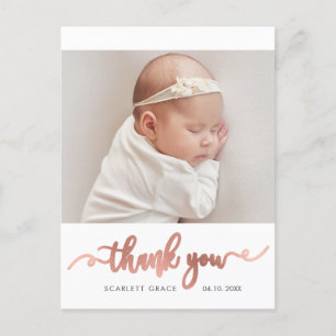Rose Gold Script Simple Baby Foto Vielen Dank Postkarte