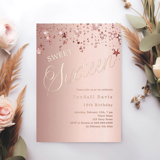 Rose gold script stars modern Sweet 16 Folieneinladung (Von Creator hochgeladen)