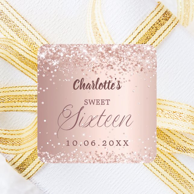 Rose gold script Sweet 16 Quadratischer Aufkleber (Von Creator hochgeladen)