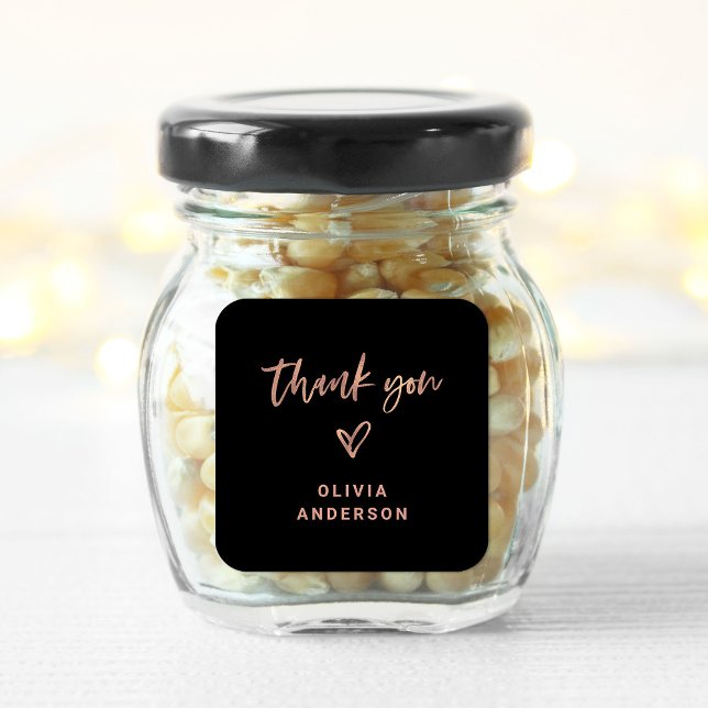 Rose Gold Script und Herz auf Schwarz | Danke Quadratischer Aufkleber (Von Creator hochgeladen)