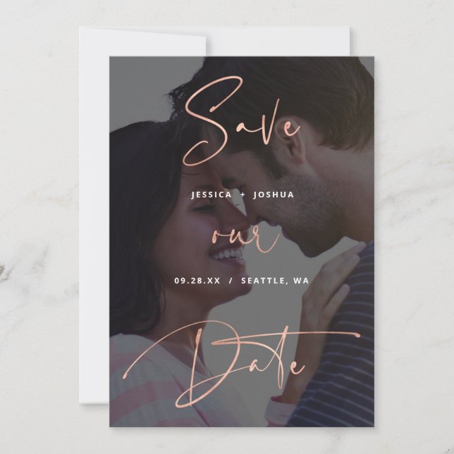 Rose Gold Script Vellum Look Foto Save the Date Einladung (Vorderseite)