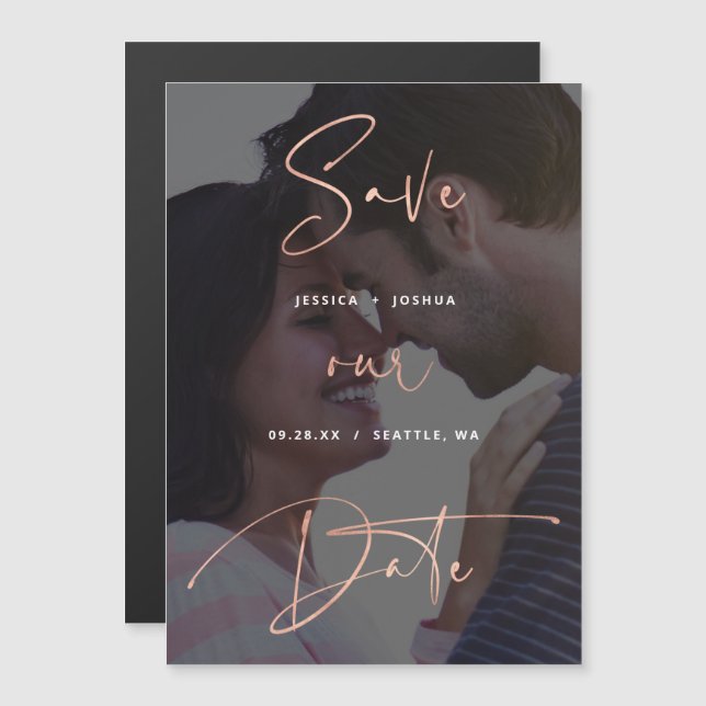 Rose Gold Script Vellum Look Foto Save the Date Magneteinladung (Vorne/Hinten)