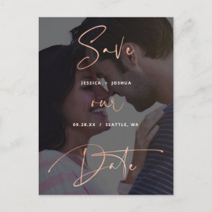 Rose Gold Script Vellum Look Foto Save the Date Postkarte
