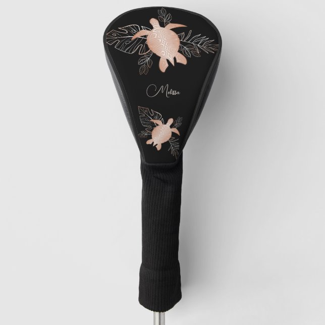 Rose Gold Sea Turtle Schwarz Ihr Name Golf Headcover (Vorderseite)