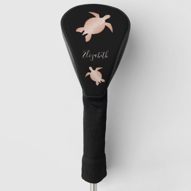 Rose Gold Sea Turtle Schwarz Ihr Name Golf Headcover (Vorderseite)