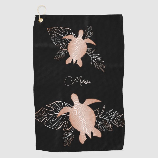 Rose Gold Sea Turtle Schwarz Ihr Name Golfhandtuch (Vorderseite)
