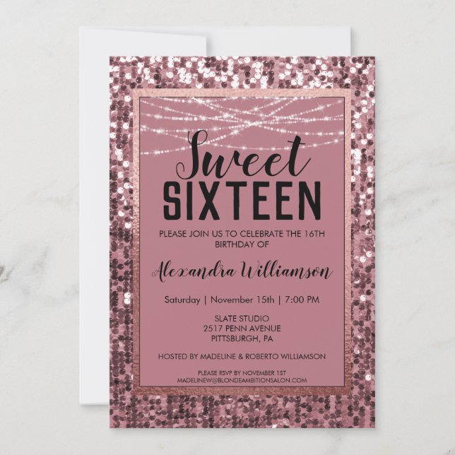 Rose Gold Sequin/Glitzer Sweet 16 Geburtstagsparty Einladung (Vorderseite)