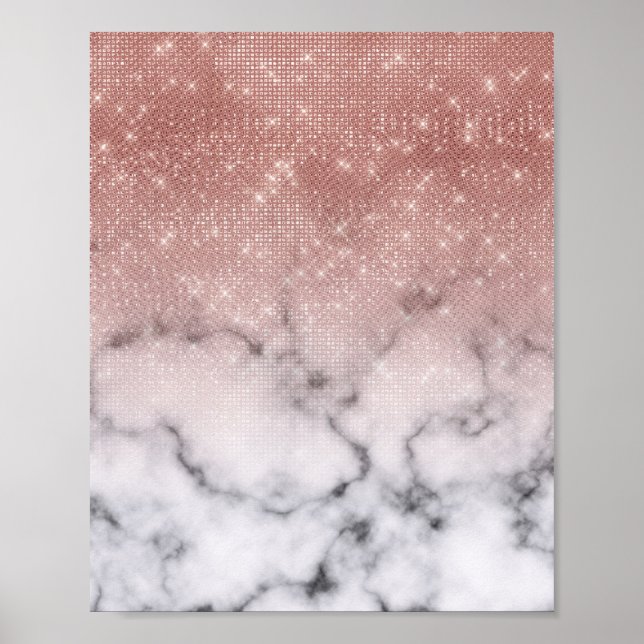Rose Gold Sequin Glitzer Weißes Marmor Ombre Poster (Vorne)