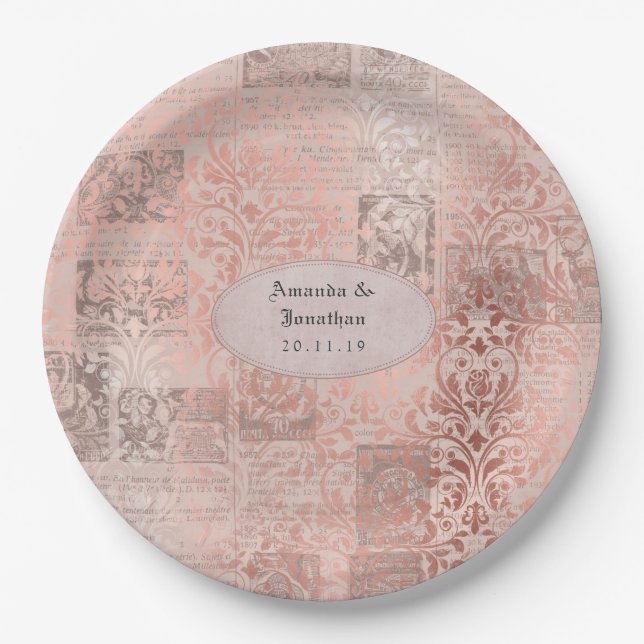 Rose Gold Shabby-Chic Damask Hochzeit Pappteller (Vorderseite)