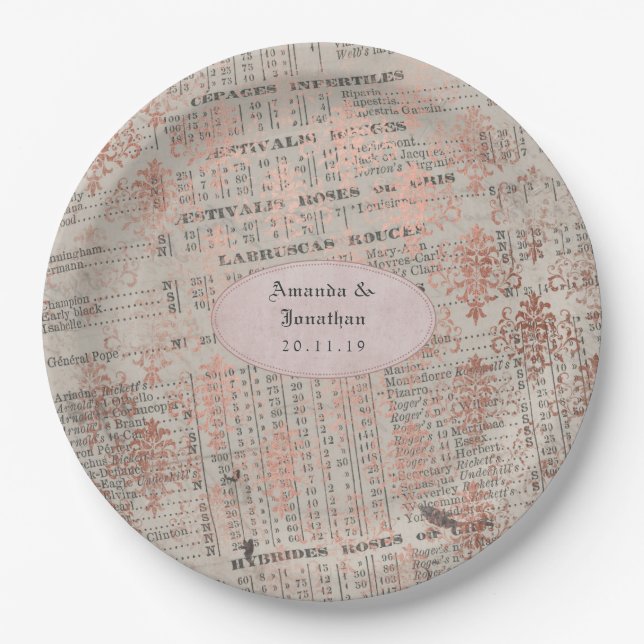 Rose Gold Shabby-Chic Newspaping Wedding Pappteller (Vorderseite)