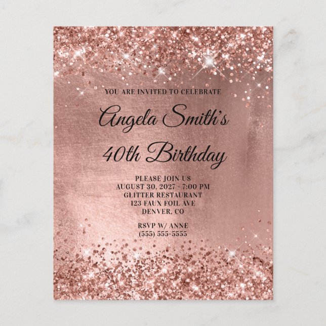 Rose Gold Shiny Foil 40. Geburtstag Einladung (Vorderseite)