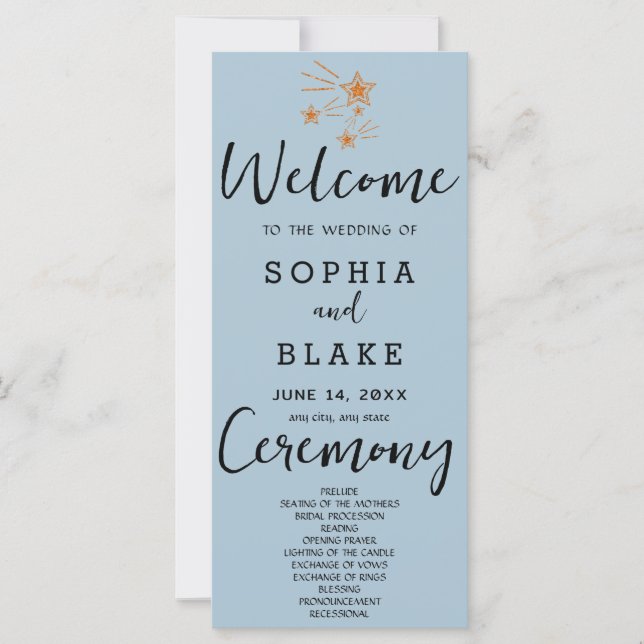 Rose Gold Shooting Stars Blue Gray Wedding Program (Vorderseite)